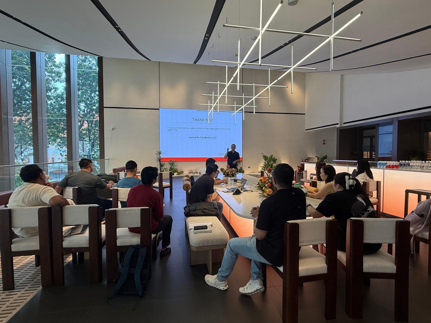 Corporate seminar in curved meeting room